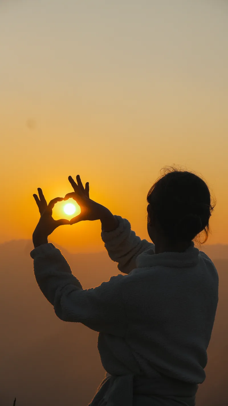 Una persona forma un corazón con las manos alrededor del sol al atardecer